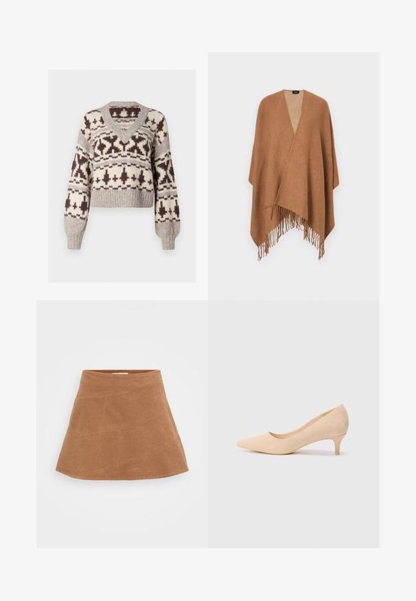 V-neck, cropped sweater in beige and brown, featuring a geometric pattern and ribbed cuffs and hem. Made from a soft, textured fabric.; Brown corduroy mini skirt with a flared design, featuring diagonal seams and a smooth texture. Flat waistband at the top.; Beige suede high-heeled pump with a pointed toe and a slim, 2-inch heel. Smooth texture with minimal detailing on the upper surface.; Brown woven poncho with a textured pattern, featuring fringed edges and a V-neck design. Made from soft fabric. Casual outerwear.