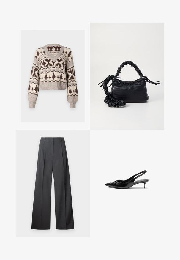 Pull court en V, beige et marron, présentant un motif géométrique et des poignets et un ourlet côtelés. Fabriqué à partir d'un tissu doux et texturé.; Pantalons à jambes larges en tissu gris foncé, avec une taille haute, des plis simples et une texture lisse avec une finition soignée aux ourlets.; Des escarpins en cuir noir à talon slingback, avec un bout pointu, un petit talon kitten et un détail de nœud décoratif à l'avant. Texture lisse sur toute la surface.; Sac à main en simili cuir noir avec une texture crocodile, un dessus resserré et une sangle froncée. A l'apparence douce et compacte.