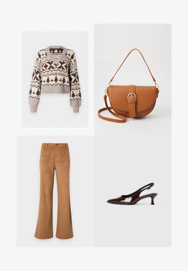 Pull court en V, beige et marron, présentant un motif géométrique et des poignets et un ourlet côtelés. Fabriqué à partir d'un tissu doux et texturé.; Pantalon évasé en daim marron avec taille haute, poches avant et arrière, et texture lisse. Conçu pour un ajustement décontracté sur toute la jambe.; Chaussure slingback en cuir verni marron avec un bout pointu et un talon modéré. Elle est dotée d'une sangle à boucle pour un ajustement sécuritaire. Texture lisse.; Sac bandoulière en cuir marron avec une forme incurvée, quincaillerie dorée et un accent en boucle. Comprend une bandoulière détachable.