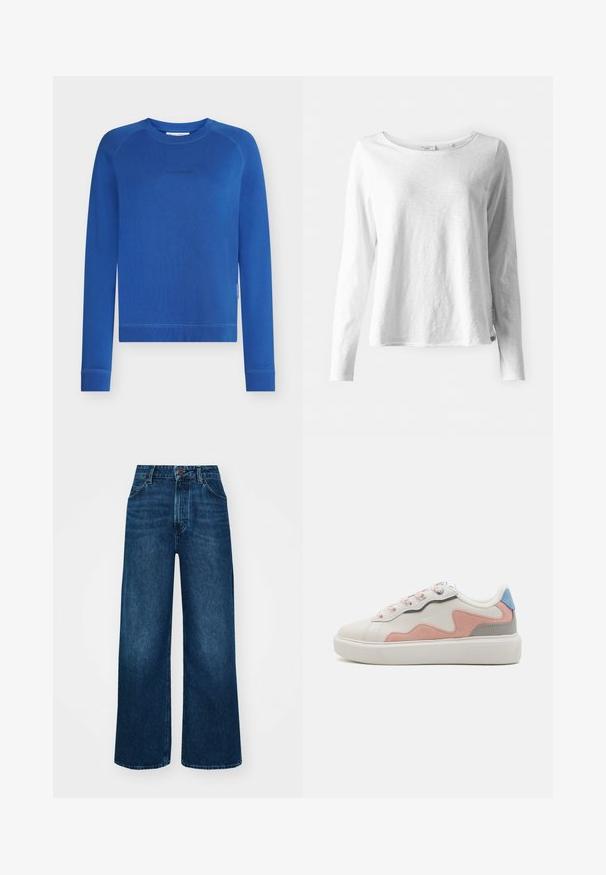 Zils džemperis ar garām piedurknēm, apaļu kaklu, ribveida aprocēm un apakšmalu, ar smalku logo uz krūtīm. Gluda kokvilnas tekstūra.; Ilga piedurkne balta T-krekls, izgatavots no mīksta, viegla auduma; tam ir apaļas kakla izgriezums un nedaudz brīvs piegriezums; uz sāna redzama birka.; Augsti vidukļa, plata kāju džinsi tumši zilā denima ar gludu tekstūru, kontrastējošu šuvju un piecu kabatu dizainu. Priekšpuses pogu aizdare.; Zemāko kedu apavi ar baltu sintētisku virsu, rozā un pelēku zamšu akcentiem, strukturētu baltu gumijas zoli un košām šņorēm.