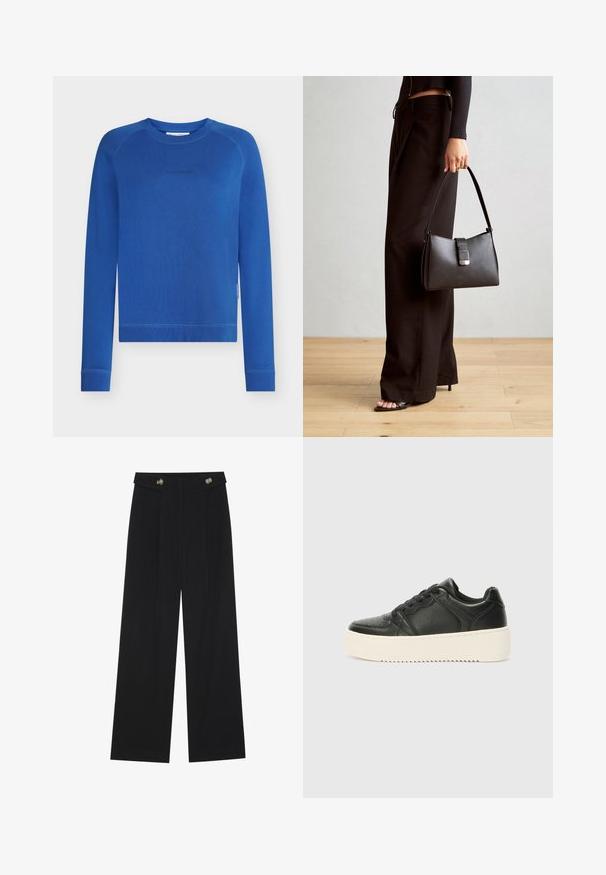 Blue sweatshirt with long sleeves, crew neck, ribbed cuffs and hem, featuring a subtle logo on the chest. Smooth cotton texture.; Black wide-leg trousers with high waist, button details on waistband, and front pleats.; Black leather sneaker with a smooth texture, thick cream-colored sole, round toe, and classic lace-up design. Subtle stitching details.; Black handbag with structured shape, smooth texture, and a metallic clasp. Paired with wide black pants and open-toe sandals on wooden floor.