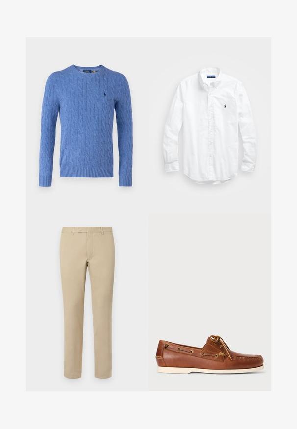 Polo Ralph Lauren CABLE KNIT WOOL CASHMERE JUMPER - Džemperis - harbor mist; Balta ilga rankovė mygtukų marškiniai iš medvilnės. Pasižymi klasikinėmis apykaklėmis, mygtukų rankogaliais ir mažuoju tamsiai mėlynu siuviniu su logotipu ant krūtinės.; Šviesiai rudos medvilninės kelnės tiesaus kirpimo, su diržo kilpomis, plokščiu priekiu ir siuvinėtomis apvadomis. Lygi tekstūra ir minimalus detalizavimas.; Rudos odinės valtinės bateliai su raišteliais, auksinėmis akytėmis ir kreminiu guminiais padu. Sukurta su pakeltu siuvinėjimu ant piršto.