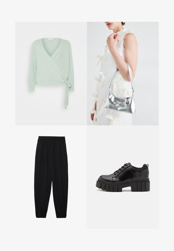 Suéter envolvente verde claro, feito de um tecido suave e texturizado, com um decote V profundo e mangas compridas, atado na cintura com uma faixa correspondente.; Calças pretas, leves, com um cinto elástico e punhos franzidos. O tecido é suave e apresenta um design relaxado e afunilado.; Sapatos de plataforma em couro preto com um salto bloco robusto, bico redondo e design clássico de atacadores. Apresentam uma textura suave e detalhes mínimos.; Bolsa metálica prateada com uma forma estruturada, apresentando uma alça superior e um detalhe de laço na frente. Textura suave, acabamento reflexivo.
