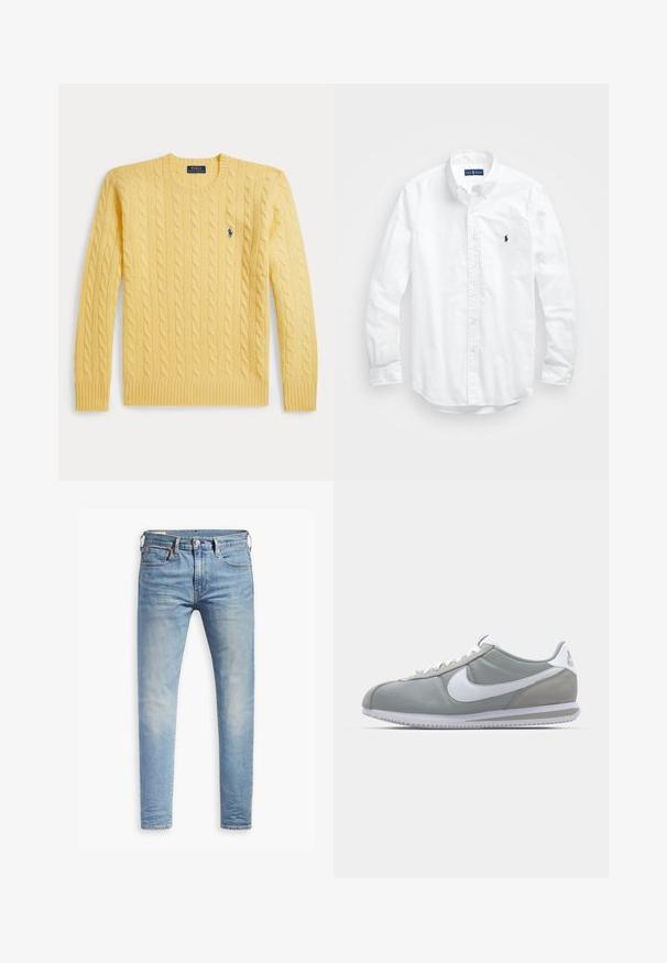 Camisola amarela de malha com punhos e bainha canelados, com um pequeno logótipo azul no peito. Feita de tecido macio e texturizado.; Camisa de botões de manga longa branca em algodão. Apresenta um colarinho clássico, punhos com botão e um pequeno logótipo bordado em azul-marinho no peito.; Jeans slim fit em azul claro com leve desbotamento nas coxas, fecho frontal por botão, passantes para cinto e estilo de cinco bolsos sobre um fundo branco.; Sapatilha atlética cinza com um cabedal em camurça e têxtil, símbolo Nike branco e atacadores brancos. Apresenta uma sola de borracha texturizada e colarinho acolchoado.
