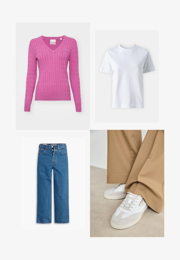GANT STRETCH CABLE V-NECK - Camisola - dark lavender; Camisa de algodão branca com decote redondo, mangas curtas, corte reto e textura suave. Sem padrões ou adornos.; Jeans de ganga azul straight-leg com uma cintura alta, design de cinco bolsos e fecho de botão. Costura visível e rebites em tom cobre.; Tênis brancos com detalhes em camurça, atacadores texturizados e sola de borracha. Combinados com calças largas cor bege. Logótipo exibido na lateral.