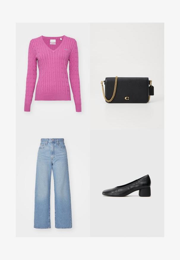 GANT STRETCH CABLE V-NECK - Džemperis - dark lavender; Šviesiai mėlynos aukšto liemens plačios kojos džinsai su priekiniais užtrauktukais ir sagom, priekinėmis ir galinėmis kišenėmis, ant baltos fono.; Juodai odiniai aukštakulniai batai su apvaliu pirštu ir vidutiniu bloku. Lygi tekstūra su minimaliu apdailos, turinčia subtilų elastingą atidarymą.; Juodas odinis rankinis krepšys su tekstūru, auksine grandine ir mažyte etikete. Pirmame plane išryškintas logotipas.