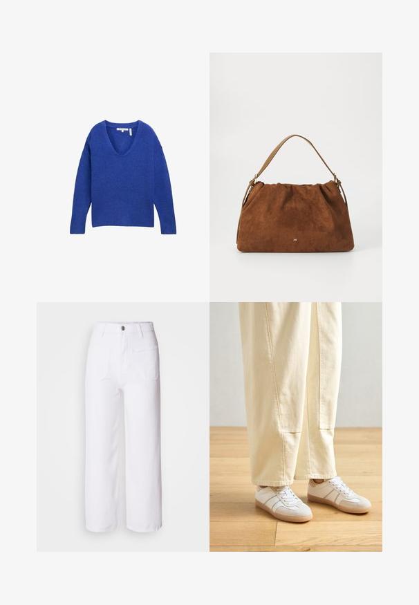 Blauwe v-hals trui gemaakt van zachte brei-stof, met lange mouwen en geribbelde manchetten en zoom voor extra textuur.; Witte denim wijde broek met een knoopsluiting, ceintuurlussen, twee voorkeurszakken en een enkele achterzak. Duurzaam en gestructureerd materiaal.; Witte sneakers met een mix van gladde en suede texturen, voorzien van beige accenten en een rubberen zool, gecombineerd met lichtgekleurde wijde broeken.; Bruine suède handtas met een geplooid ontwerp, voorzien van een enkele tan kleur leren schouderband en een subtiele gouden logo-detail aan de voorkant.