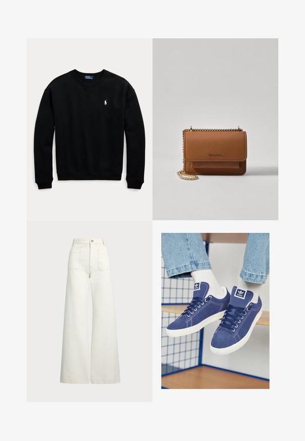 Melna kokvilnas džemperis ar V veida kaklu, ribotām piedurknēm un apakšmalu. Iekļauj mazu baltu polo logotipu kreisajā krūtī.; Platās kājas džinsi off-white denima. Augsta jostasvieta ar pogu aizdari, divas priekšējās kabatas un kontrastējošas šuvju detaļas.; Jūras zila Adidas sporta apavi no zamšādas ar baltu gumijas zoli, apaļām purngaliem un logo uz mēles. Redzamas spilgti baltas zeķes.; Brūna teksturēta ādas plecu soma ar zelta ķēdes siksnu un atloka aizdari. Priekšpusē ir logotipa detaļa un kabata zem atloka.