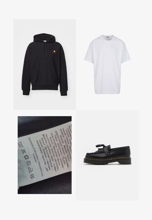 Mustassa puuvillasekoitekangasta valmistettu huppari, jossa on etutasku, nyörihuppu ja punainen brodeerattu logo, jossa on keltainen kaari.; Valkoinen puuvillainen t-paita, jossa on lyhyet hihat, pyöreä kaula-aukko, rento istuvuus ja ei näkyviä logoja tai kuvioita. Sileä pinta ja minimaalinen muotoilu.; Tarran etiketti, jossa on monikielistä tekstiä, huoltovihjeitä ja kierrätysikoneita, painettuna pehmeälle kankaanomaista materiaalia, vaaleassa väreissä.; Musta nahkakengät, joissa on tupsuakkentti, paksu musta pohja ja keltainen ommel reunassa. Rakeinen pinta.