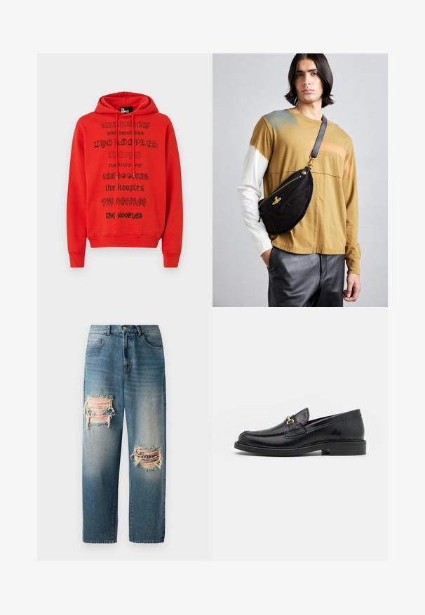 Rode hoodie met zwarte bedrukte tekst in verschillende lettertypes. Het materiaal lijkt zacht, met een buidelzak en een verstelbare trekkoordkap.; Lichtblauwe denim jeans met een losse pasvorm, voorzien van twee versleten plekken aan de voorkant met rafelige randen en een vervaagde wassing.; Zwarte leren instappers met een ronde neus, voorzien van een gouden hardware accent en stikdetails, geplaatst op een lage, getextureerde rubberen zool.; Vivienne Westwood CITY BUMBAG UNISEX - Heuptas - black