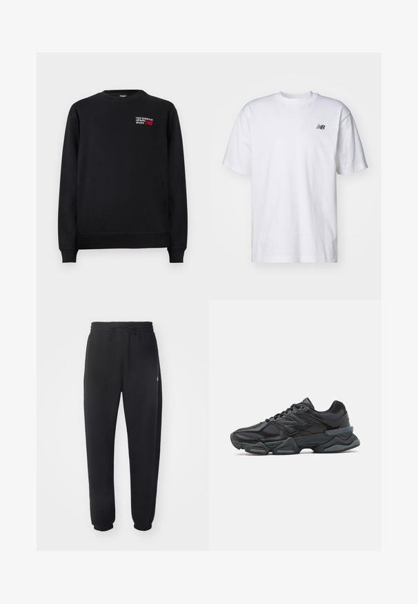 Svart sweatshirt i bomullsblandning med rund hals, ribbade ärmar och en liten röd och vit "New Balance"-logotyp på bröstet.; Vit kortärmad T-shirt med rund halsringning och en liten svart New Balance-logotyp på vänster bröst, mot en enfärgad bakgrund.; Svarta sweatpants gjorda av mjukt material med elastisk midja, snörning och smalnande mudd, med en subtil logotyp på sidan.; Svart löparsko med en kombination av mesh och syntetiska material, kraftig sula, rundad design och framträdande varumärkning på sidan.