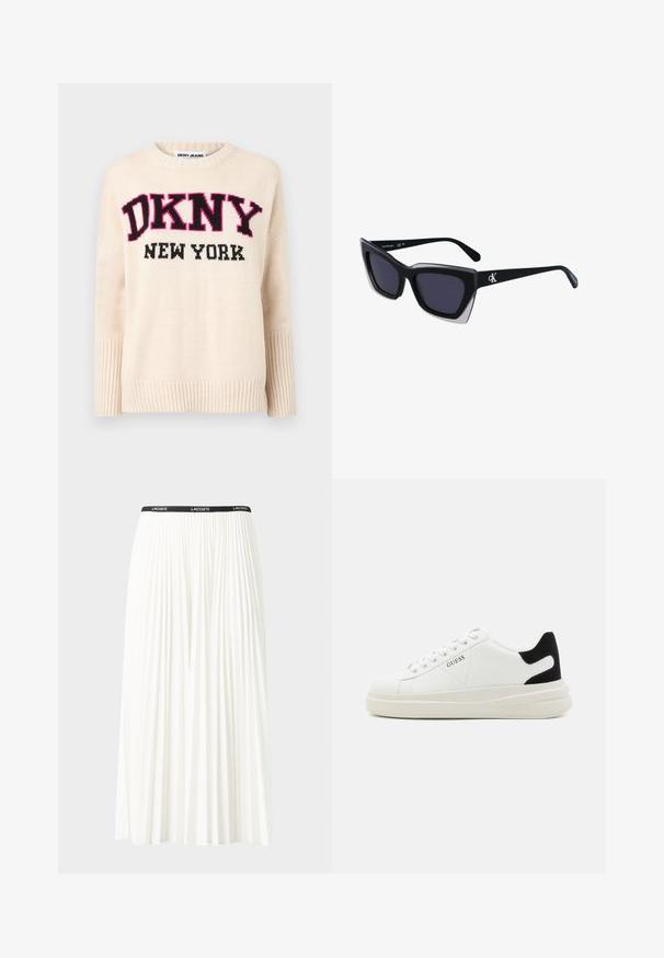 Suéter de malha de cor creme com decote redondo, punhos canelados e letras em preto e rosa em destaque "DKNY NEW YORK" na parte da frente.; Saia plissada branca com uma cintura elástica preta que apresenta o logótipo "LACOSTE". Design de comprimento médio com textura suave.; Sapatilhas brancas de couro com uma sola branca espessa, detalhe em camurça preta no calcanhar e logótipo em relevo na lateral. Design com atacadores e seis ilhós.; Óculos de sol oversized pretos com forma geométrica, apresentando lentes escuras e um detalhe cinza em contraste na armação. Logotipo na haste.