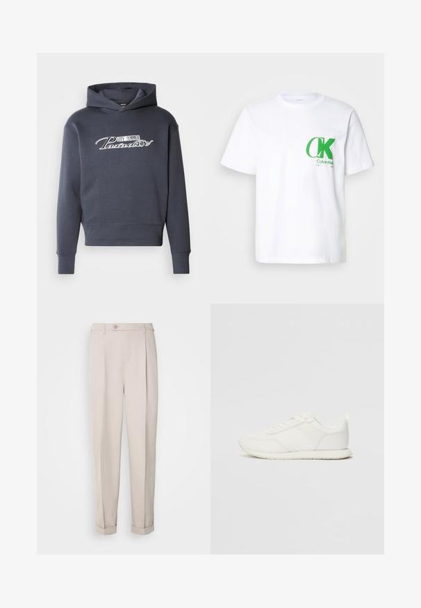 Felpa con cappuccio grigio scuro, con testo in bianco "CITY SUMMER Paradise" sul davanti. Tessuto morbido, polsini e orlo a coste.; T-shirt bianca in cotone con logo CK verde sul lato sinistro del petto. Design a girocollo classico con maniche corte e orlo dritto.; Pantaloni beige realizzati in tessuto morbido, caratterizzati da una vestibilità dritta, piega singola e orli arrotolati. Include una chiusura frontale con bottone.; Sneaker bianco con tomaia in rete e materiale sintetico, punta tonda, lacciuoli piatti e una striscia laterale testurizzata. Suola in gomma con linguetta sul retro.