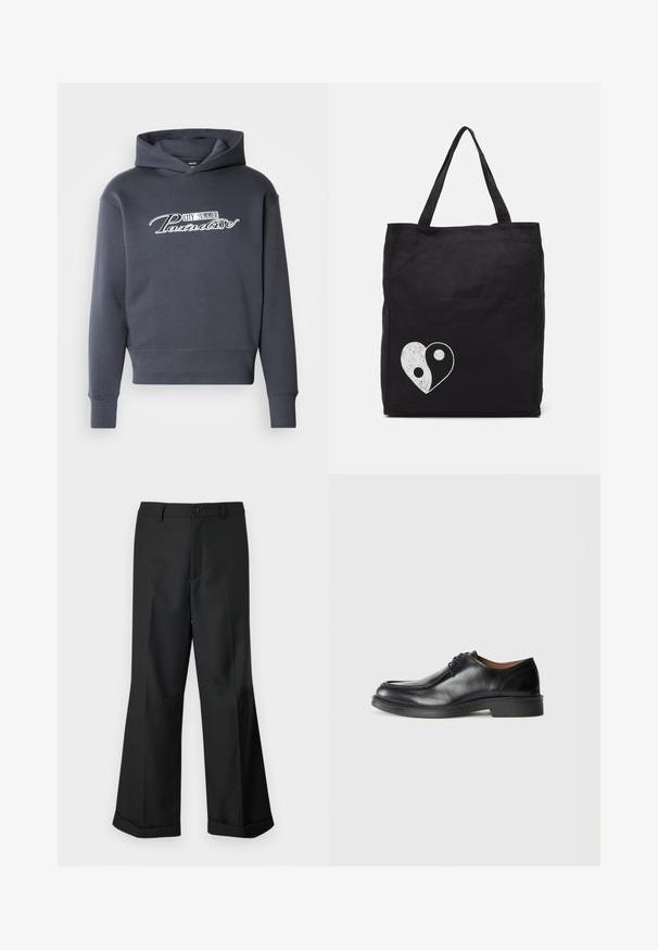 Tamsiai pilka gobtuvinė palaidinė, kurios priekyje yra balta užrašų tekstas "MIESTO VASARA Rojaus". Minkšta medžiaga, banguotos rankovių ir apykaklės.; Juodos plačios kelnės su mygtukų juosmeniu ir raukšlėmis, eksponuojamos prieš paprastą baltą foną.; Juodų odinių batų su apvalia nosimi, lygiu paviršiumi, raišteliais ir žemu, struktūrizuotu guminio pado padu. Aiškios linijos ir minimalus dizainas.; Juodas drobės pirkinių krepšys, papuoštas baltu yin-yang širdelės piešiniu. Du tvirti rankenai patogiam nešiojimui. Paprastas stačiakampis dizainas.