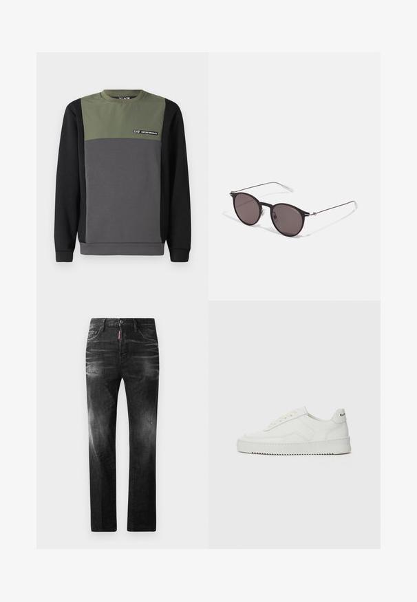 Sudadera en colores bloque: parte superior en verde oscuro, parte media en gris y parte inferior en negro. Presenta mangas largas y un escote crew con detalle del logo.; Jeans de mezclilla negra con un corte recto. Presentan áreas desgastadas, un ligero desgasto, diseño clásico de cinco bolsillos y cierre de botón.; Zapatilla de cuero blanca con un acabado suave, puntera redonda, cordones planos y suela texturizada. Cuenta con un sutil logo en el talón.; Gafas de sol redondas negras con lentes oscuros y brazos metálicos delgados. Incluye puntas de varilla transparentes y acentos plateados en la bisagra. Diseño minimalista.
