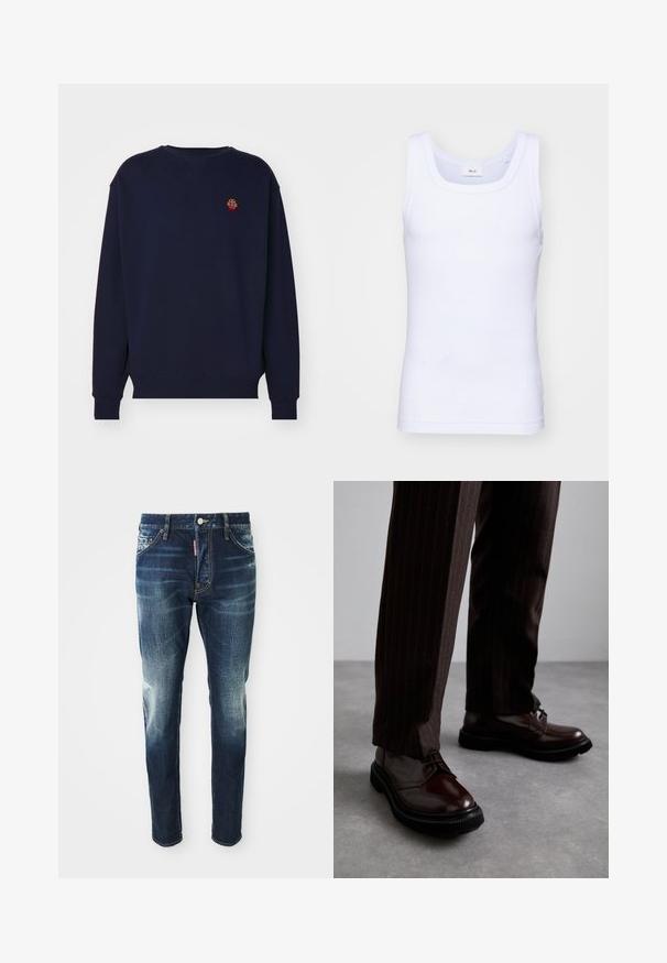 Navy blue sweatshirt with a round neckline, long sleeves, and ribbed cuffs. Features a small embroidered design on the chest.; White cotton sleeveless tank top with a round neckline, featuring a smooth texture and a fitting shape, designed for casual wear.; Dark blue denim jeans with a slim fit, featuring faded areas on the thighs and knees, five pockets, and a metal button closure.; Brown leather lace-up shoes with a glossy finish, black rubber sole, and subtle stitching. Worn with pinstriped brown trousers.
