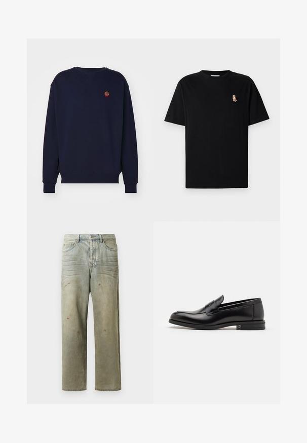 Námořnická modrá mikina se kulatým výstřihem, dlouhými rukávy a žebrovanými manžetami. Na hrudi se nachází malý vyšitý design.; Černé tričko s krátkým rukávem a kulatým výstřihem s malým výšivkou oranžového lišáka na levé straně hrudi.; Odstřižené džíny v světle zelené barvě, se rovnými nohavicemi, pěti kapsami a nerovnoměrným vyblednutím s barevnými skvrnami.; Černé kožené polobotky s hladkou texturou, zaoblenou špičkou a zdobným páskem přes nárt. Nízký stohovaný podpatek, minimalistický design.