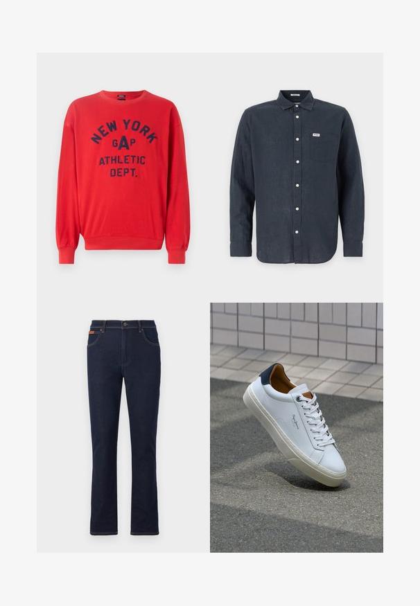 Piros pamutkeverék pulóver; kerek nyakkal, hosszú ujjakkal rendelkezik, és tengerészkék nyomott szöveggel, amely így hangzik: "NEW YORK GAP ATHLETIC DEPT."; Sötétkék, hosszú ujjú ing, amely lenből készült, gombolható gallérral, elülső zsebbel és fehér gombokkal rendelkezik. A zsebben Wrangler logó található.; Sötétkék farmernadrág egyenes lábvágással, narancssárga varrással, öt zsebbel és gombos derékkal.; Fehér bőr sneaker sötétkék sarkúval, kerek orral és kontrasztos barna részletekkel. Lapított fűzőkkel és textúrált gumitalppal rendelkezik.