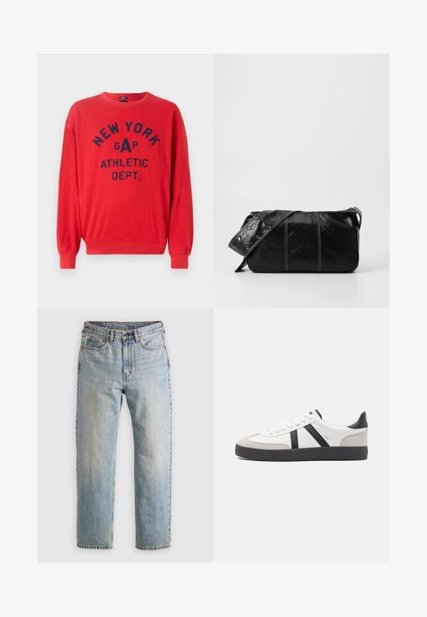 Sudadera roja fabricada en una mezcla de algodón; presenta un cuello redondo, mangas largas y texto impreso en azul marino que dice "NEW YORK GAP ATHLETIC DEPT."; Jeans de mezclilla azul claro de cintura alta, con botón frontal, cremallera y diseño de cinco bolsillos, dispuestos sobre un fondo neutro.; Zapatilla blanca con acentos en negro y gris, que presenta una puntera texturizada en gris, suela de goma negra y cordones planos blancos. Diseño limpio, estilo minimalista.; Bolso de hombro de cuero negro con cierre de cremallera, que presenta un cuerpo texturizado, costuras blancas y una correa con ojales plateados.