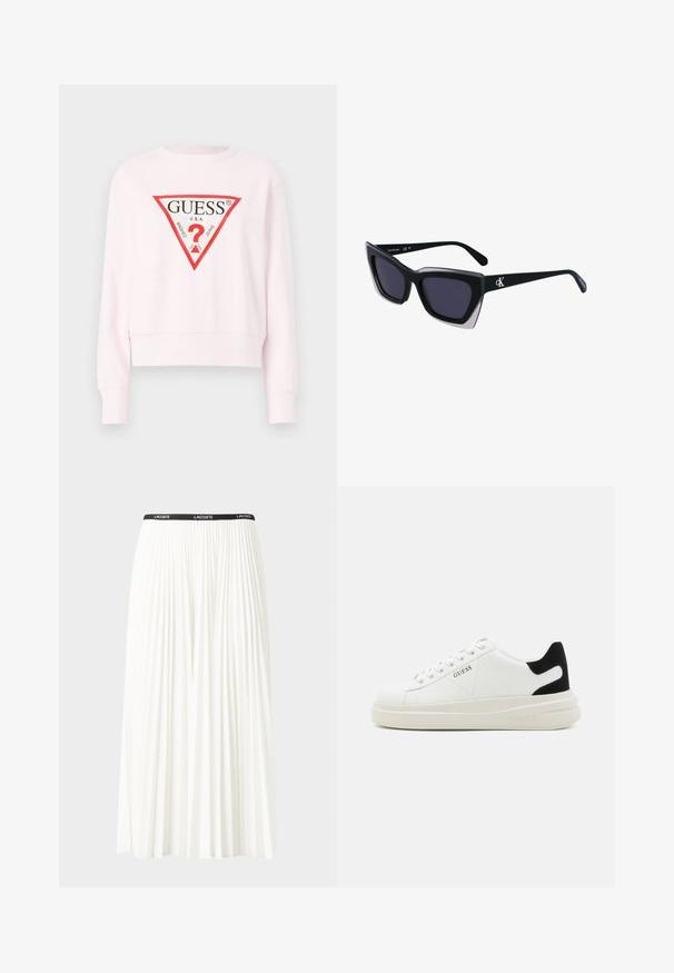 Rózsaszín, kerek nyakú pulóver, cropped fazonnal, elöl egy piros és fekete háromszög alakú márkás logóval. Puha anyagból, hosszú ujjakkal.; Plisszírozott fehér szoknya fekete elasztikus derékkal, amelyen a "LACOSTE" logó található. Középhosszú kialakítás, puha tapintással.; Fehér bőr sportcipők vastag fehér talppal, fekete velúr sarokpikkelyel és dombornyomott logóval az oldalon. Fűzős kialakítás, hat fűzőlyukkal.; Fekete, nagyméretű napszemüveg geometrikus formával, sötét lencsékkel és kontrasztos szürke részlettel a kereten. Logó a szárán.