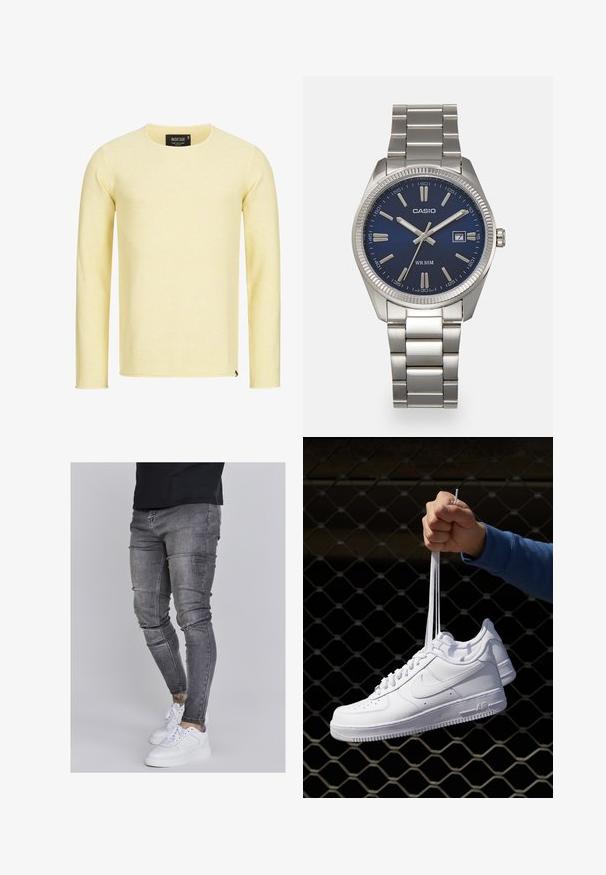 Yellow long-sleeve knit sweater with a round neckline, textured fabric, and a small logo tag at the hem. Flat fit, no patterns.; Skinny jeans in faded gray denim, featuring distressed details at the knees, paired with white sneakers. Smooth texture, slim fit design.; White leather sneakers with perforations, round toe, flat sole, and thick laces, featuring a visible swoosh logo and "AIR" on the heel.; Silver stainless steel wristwatch with a navy blue dial, metallic hour markers, and a date window at 3 o'clock. Water-resistant to 50 meters.