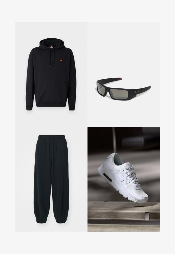 Sudadera con capucha negra de algodón, con un bolsillo frontal tipo canguro y un pequeño logo colorido en el pecho. Textura suave, corte relajado.; Pantalones de chándal negros con cintura elástica, de corte holgado, con puños en los tobillos, textura suave y sin patrones visibles ni acentos metálicos.; Zapatilla Nike Air Max 90 blanca con parte superior de malla y cuero, caja de puntera perforada y unidad de aire visible en el talón.; Gafas de sol negras con acabado mate, lentes rectangulares, ligera curvatura en las patillas, sutil detalle del logo y lentes ahumados.