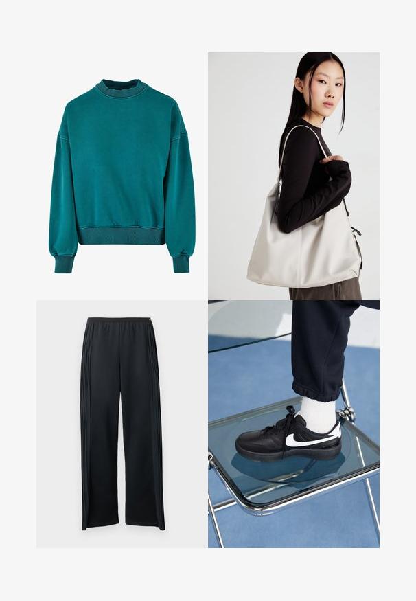 Sudadera en color azul verdoso con cuello redondo, puños acanalados y dobladillo inferior. Confeccionada en tela suave con una textura lisa y un corte holgado.; Pantalones deportivos negros confeccionados con tela suave, con un diseño de pierna ancha, cintura elástica y pliegues verticales en los lados.; Zapatillas Nike negras con acentos blancos, con una textura de cuero suave, diseño de cordones y punta redondeada, colocadas sobre una silla de cristal.; Bolso de mano beige hecho de material suave, con un diseño holgado, detalles cosidos y dos asas. Adecuado para uso diario.