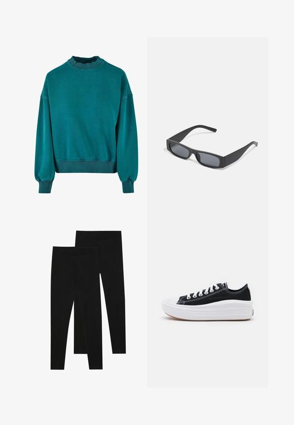 Sudadera en color azul verdoso con cuello redondo, puños acanalados y dobladillo inferior. Confeccionada en tela suave con una textura lisa y un corte holgado.; Leggings negros de tejido elástico, con una cinturilla sin costuras y un diseño ajustado, adecuados para uso casual o ejercicio.; Zapatillas de lona negras con cordones blancos, puntera de goma blanca y una suela blanca gruesa. Presenta costuras blancas sutiles y una suela de goma.; Gafas de sol negras rectangulares con lentes oscuros y montura gruesa mate. Las varillas son ligeramente cónicas con una textura suave.