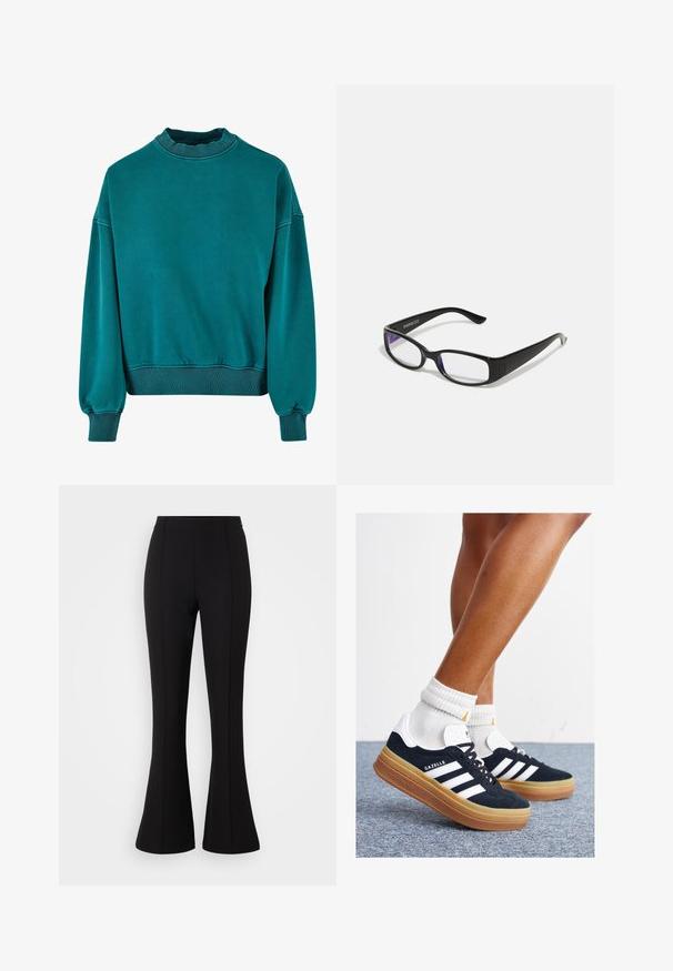 Sweatshirt teal, cu guler rotund, manșete rib, și tiv de jos. Fabricat dintr-un material moale, cu o textură netedă și un croi lejer.; Pantaloni negri evazați, realizați dintr-un material elastic, cu o textură netedă, talie înaltă și detalii cu cusături pe partea din față.; Adidași negri din piele întoarsă cu dungi și accente albe, vârf rotund, talpă de cauciuc gumă, asortați cu șosete albe cu model nervurat.; Ochelari dreptunghiulari negri cu lentile clare. Finisaj lucios, brațe înguste și nuanță purpurie vizibilă la marginea lentilelor.