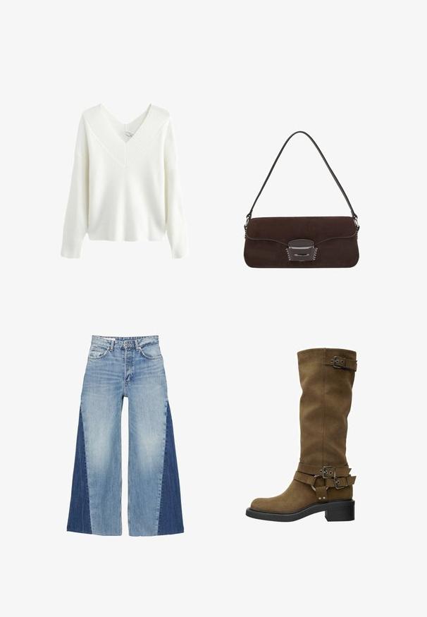 Weißer, gerippter Pullover mit tiefem V-Ausschnitt, langen Ärmeln und legerer Passform. Die Textur weist vertikale Linien auf, die das Design verbessern.; Helles blaues Denim-Hemd mit langen Ärmeln, Knopfleiste vorne, spitzem Kragen und verlängerten vertikalen Denim-Trägern entlang der Knopfleiste.; Weite Jeans aus blauem Denim mit einem hell- und dunkelblauen Gradienten-Design. Klassische Fünf-Taschen-Stil und Reißverschluss vorne.; Hohe braune Wildlederstiefel mit abgerundeter Spitze, schwarzer Gummisohle und dekorativen Schnallen rund um den Schaft und Knöchel. Glatte Textur, keine sichtbaren Muster.; Braune Wildleder-Handtasche mit einem langen Ledertrageriemen, silberner Hardware, rechteckiger Form und einem flachen Deckel mit einer zentralen Verzierung.
