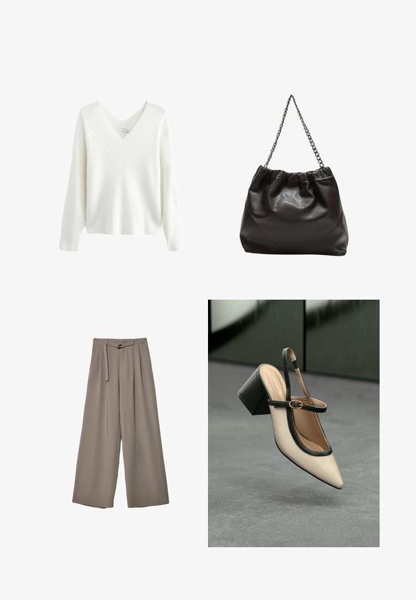Weißer, gerippter Pullover mit tiefem V-Ausschnitt, langen Ärmeln und legerer Passform. Die Textur weist vertikale Linien auf, die das Design verbessern.; Weite Hose aus einem weichen, gedämpften grauen Stoff, mit einem taillierten Bund und Falten für zusätzliche Design-Details. Glatte Textur, keine Muster.; Beige Slingback-Schuh mit spitzer Zehenpartie, schwarzer Umrandung, goldener Schnalle und dicker Blockabsatz auf grauem Boden vor dunklem grünen Hintergrund.; Braune Lederhandtasche mit gerafftem Oberteil und Kettenriemen. Glatte Textur mit glänzendem Finish und subtilen Nahtdetails an den Seiten.