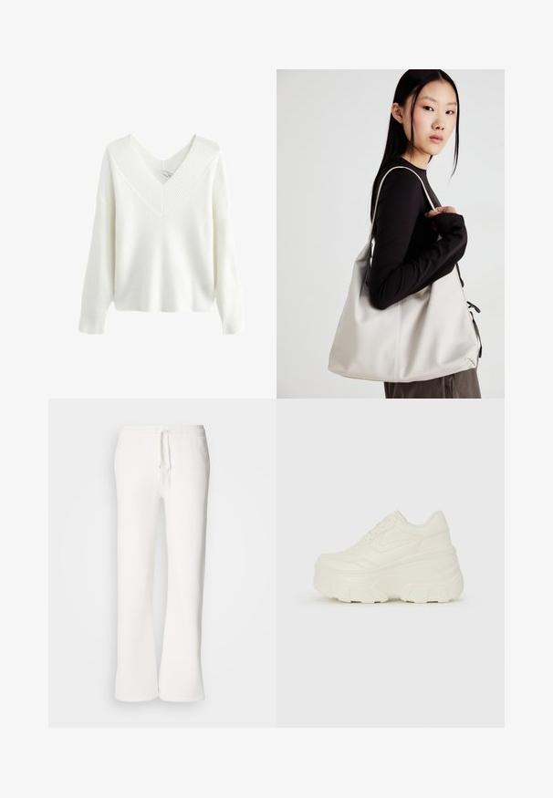 Valge soonikkoeline sviiter sügava V-kaelusega, pikkade varrukatega ja vabalt istuva lõikega. Tekstuuril on vertikaalsed jooned, mis rõhutavad disaini.; Valged, mugavad spordipüksid, mis on valmistatud pehmest kangast, elastse talje ja nööridega, sirgete jalgadega disainiga.; Valged platvormi tõusukingad, millel on siledast nahast meenutav pealis, ümar kuju, pehmendatud kaelus ja tekstureeritud kummitald koos selgete hüdrofoobsete mustritega.; Bež käekott pehme materjali, millel on lõtv disain, õmblustega detailid ja kaks õlarihma. Sobib igapäevaseks kasutamiseks.