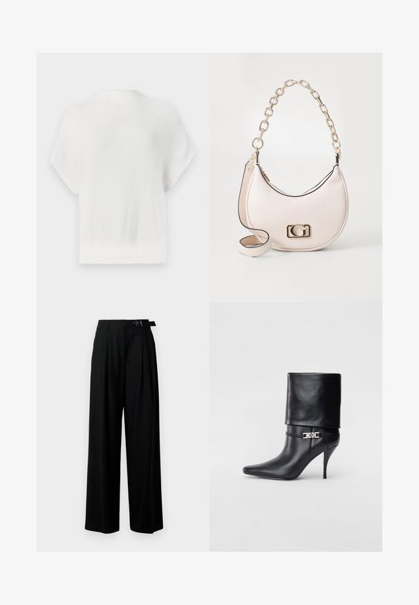 Baltas megztinis, trumpomis rankovėmis, tekstūruotas raštuotas audinys, apvalia iškirpte, trumpas ilgis, su subtiliu logotipo akcentu gale.; Juodos plačios kojų kelnės su aukštu liemeniu, priekinėmis klostėmis ir diržu su sagtimi. Pagamintos iš lygaus, lengvo audinio.; Juodos odinės kulkšninių botų su smailiu nosiu, aukštu stiletto kulnu, apvyniojamu kraštu ir auksine dekoratyvine sagtimi prie kulkšnies.; Rožinė tekstūruota odinė rankinė su auksine grandinėlės dirželiu, apvalios formos ir su auksiniu logotipo akcentu priekyje. Yra papildomas peties diržas.