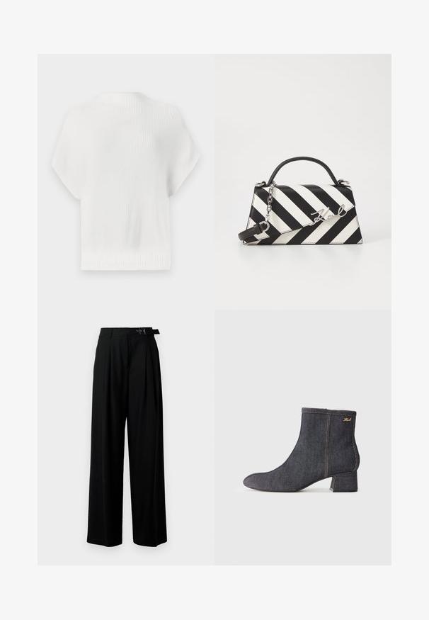 Baltas megztinis, trumpomis rankovėmis, tekstūruotas raštuotas audinys, apvalia iškirpte, trumpas ilgis, su subtiliu logotipo akcentu gale.; Juodos plačios kojų kelnės su aukštu liemeniu, priekinėmis klostėmis ir diržu su sagtimi. Pagamintos iš lygaus, lengvo audinio.; Tamsiai mėlyni kulkšnies auliniai batai su smailiu kojų pirštu, blokuotu kulnu, matomu siuvimu ir subtiliu prekės ženklo logotipu šone. Lygus paviršius.; Juoda ir balta dryžuota rankinė su struktūrizuota forma, turinti viršutinę rankeną, nuimamą grandinėlės dirželį ir metalinį logotipo akcentą.