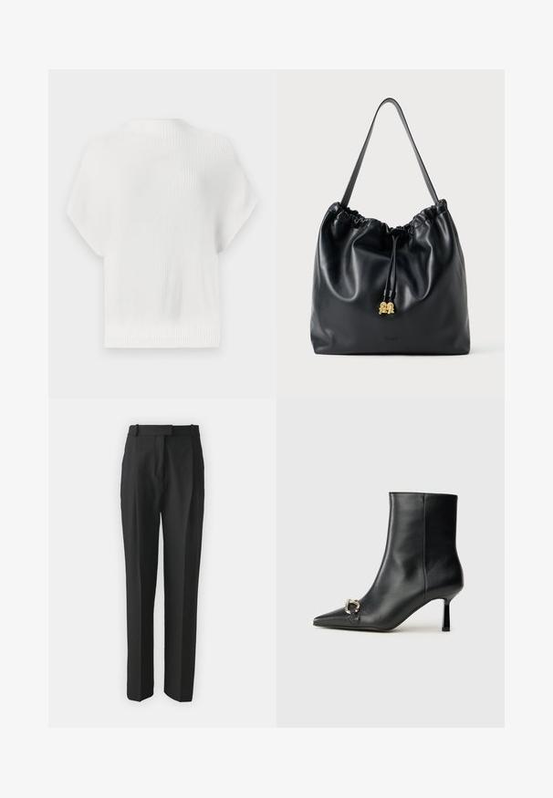 Vit stickad tröja, korta ärmar, texturerad ribbad väv, rund halsringning, kort längd, med en subtil logodetalj på baksidan.; Svarta skräddarsydda byxor i lätt tyg, med rak passform, platt front och bältloops. Slät yta utan synliga mönster.; Svart läderankelboot med spetsig tå, smal medelhög klack och silverfärgad spänndetalj på sidan mot en enfärgad bakgrund.; Svart läderdragstringväska med en slät yta, samlad topp och subtila guldfärger. Har ett enda robust handtag och präglad logotyp.