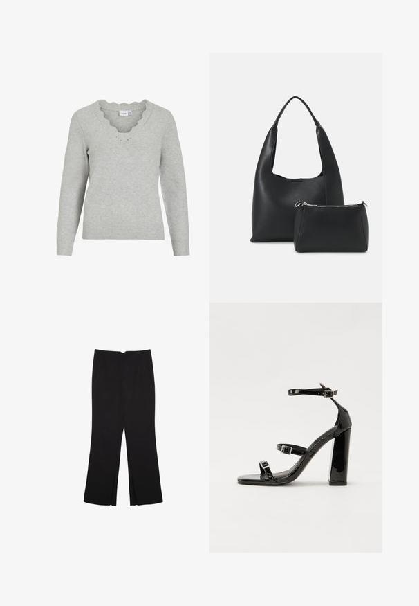 Svetlo siva jopica z dolgimi rokavi in V-izrezom. Ima detajle z valovnim robom in mehko pleteno teksturo. Minimalističen dizajn.; Črne hlače ravnega kroja z naglavnimi žepi in stranskimi razporki na robu. Narejene iz mehke, gladke tkanine. Primerne za različne priložnosti.; Črne lakaste sandale z visokimi petami, z dvema trakovoma z zaponkama, kvadratnim sprednjim delom in masivno širšo peto, z gladko, sijočo teksturo.; Even&Odd Torbica - black