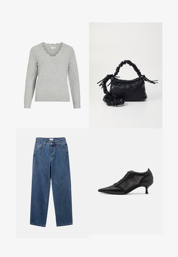 Lys grå genser med lange ermer og V-hals. Har bølgete kantdetaljer og en myk strikket tekstur. Minimalistisk design.; Klassiske blå denimjeans med rett ben-design, fem lommer og knappelukking. Har en middels vask og solid tekstur.; Svart spiss tå-sko med meshpaneldesign, med lav hæl og snøring foran. Laget av en kombinasjon av lær og meshmateriale.; Svart faux skinn-håndveske med krokodilletekstur, strammet topp og en rynket stropp. Ser myk og kompakt ut i designen.