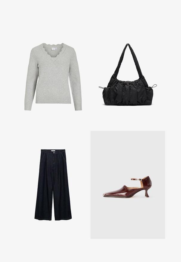 Ljusgrå tröja med långa ärmar och V-ringning. Har vågformade kanter och en mjuk stickad textur. Minimalistisk design.; Mörk denim vid-byxa med hög midja, featuring en frontknäppning, två sidofickor och stickningsdetaljer.; Burgunderfärgad patentlädersko med spetsig tå, ankelrem och 5 cm avsmalnande klack. Slät yta och minimalistisk design.; Svart tyghandväska med rynkad textur, två axelremmar och dragsko stängning på sidorna. Slätt, lätt material.
