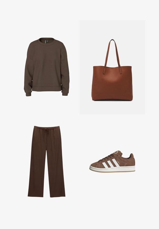 Hnědá mikina vyrobená z měkké tkaniny, s kulatým výstřihem, kleslými rameny a žebrovanými manžetami pro uvolněný střih. Jednoduchý design v jednobarevném provedení.; Hnědé široké kalhoty vyrobené z měkkého materiálu, s elastickým pasem na šňůrku a dvěma bočními kapsami.; Hnědé semišové tenisky s bílými koženými pruhy, gumovou podrážkou, kulatou špičkou a šněrováním vpředu. Mají logo na jazyku a perforované detaily.; Hnědá kožená taška přes rameno s hladkou texturou, otevřeným designem a dvěma ramenními popruhy. Obsahuje minimální švy a žádné viditelné kovové prvky.