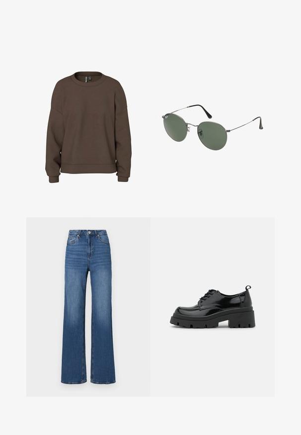 Sudadera marrón hecha de una tela suave, con cuello redondo, hombros caídos y puños de canalé para un ajuste relajado. Diseño simple de color sólido.; Jeans azules de tiro alto y pierna ancha, fabricados en denim, con un diseño clásico de cinco bolsillos y un ligero desvanecimiento a lo largo de las piernas.; Zapatos de charol negros con una suela de plataforma gruesa y cordones gruesos. Punta redondeada, detalles mínimos y una pequeña lengüeta en la parte trasera.; Gafas de sol con marco de metal y lentes ovalados verdes. Marco delgado de metal plateado y puntas de las orejas negras. Diseño minimalista, sin logotipos visibles.