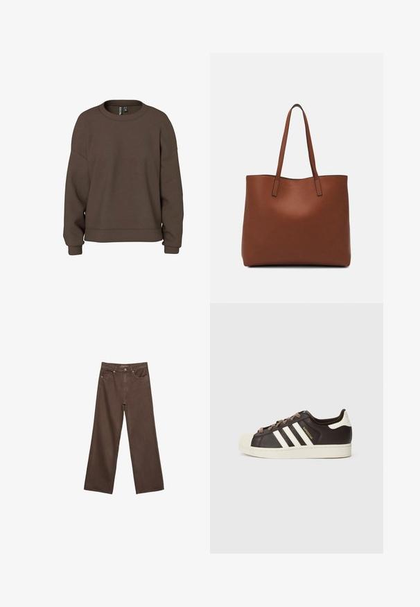 Brun sweatshirt tillverkad av mjukt tyg, med rundad halsringning, neddragna axlar och ribbade muddar för en avslappnad passform. Enkel design i enfärgad stil.; Breda bruna jeans i denim med hög midja, framfickor och klassisk knäppning. Slät textur med subtil sömnad.; Low-top Adidas Superstar-sneaker i mörkbrunt läder med krämfärgad tåhätta, vita ränder och texten "Superstar" på sidan.; Brun läder tote-väska med en slät textur, öppen toppdesign och två axelremmar. Har minimal söm och ingen synlig metalldetalj.