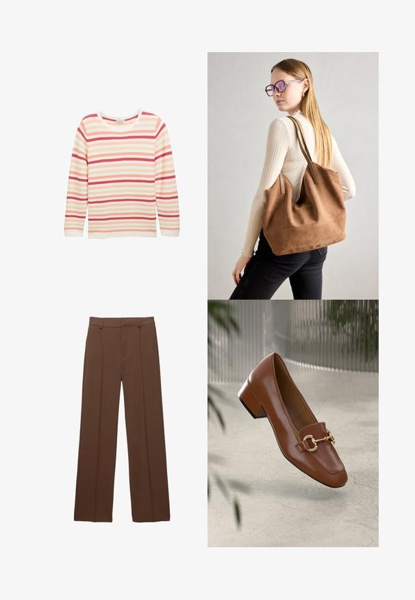 Długi rękaw, ryżowy top w kolorze kremowym z poziomymi paskami w odcieniach różu, koralu i czerwieni. Okrągły dekolt i luźny krój z prostym dołem.; Brązowe, szerokie spodnie z gładkiego materiału; mają wyłożone pliski z przodu i płaski pas z szlufkami na pasek.; Brązowe lakierowane mokasyny z kwadratowym noskiem, metalowym łańcuszkiem i niskim blokowym obcasem; gładka faktura, minimalistyczny design.; Brązowa torebka typu tote wykonana z zamszu o miękkiej teksturze, z dużym otwarciem i długimi paskami. Charakteryzuje się prostym designem z widocznymi szwami i bez elementów metalowych.
