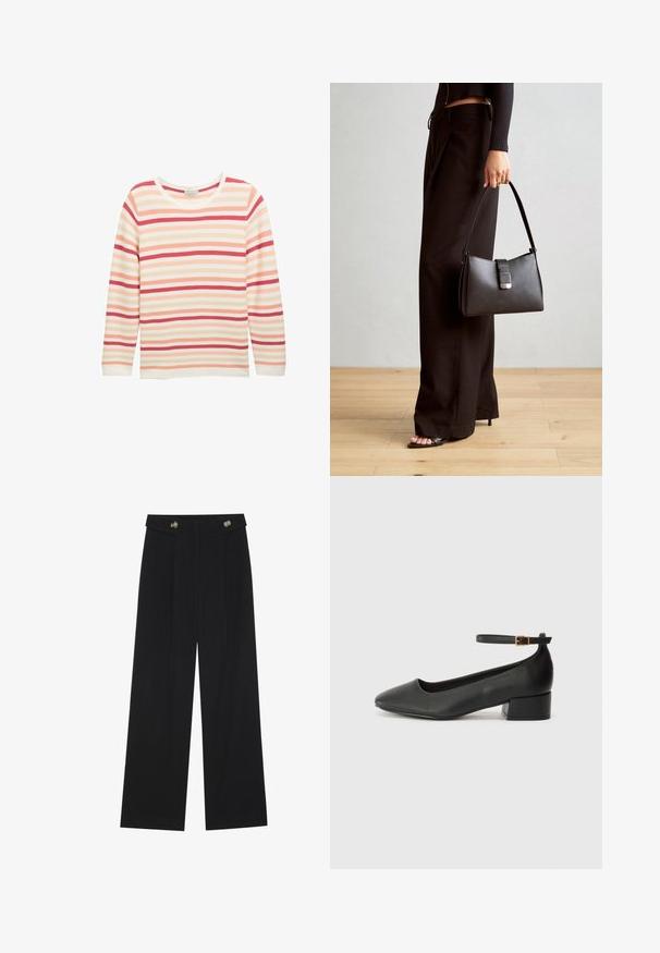 Langärmliges, geripptes Oberteil in Creme mit horizontalen Streifen in Rosa, Koralle und Rot. Rundhalsausschnitt und lockere Passform mit geradem Saum.; Schwarze weite Hosen mit hoher Taille, Knopfdetails am Bund und vorderen Falten.; Schwarze Lederpumps mit spitzem Zehenbereich und niedrigem Blockabsatz. Mit einem Knöchelriemen und einer goldfarbenen Schnalle. Glatte Textur.; Schwarze Handtasche mit strukturierter Form, glatter Textur und einem metallischen Verschluss. Kombiniert mit weiten schwarzen Hosen und offenen Sandalen auf einem Holzboden.