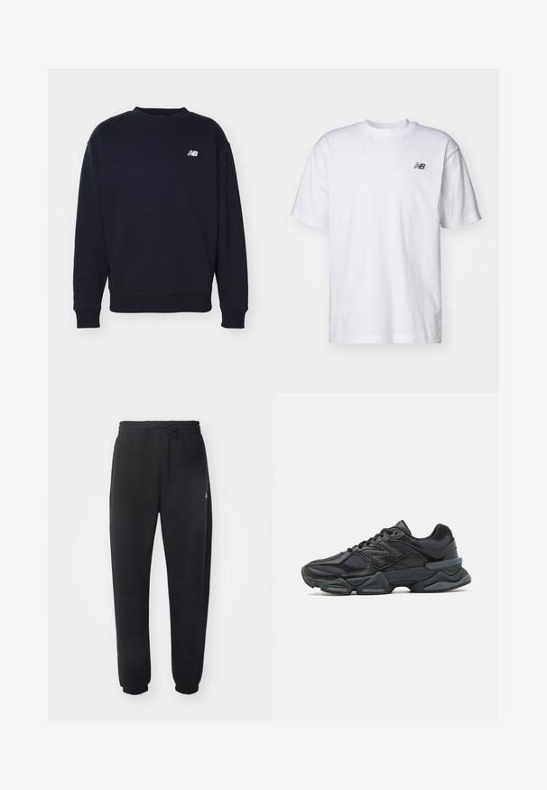 Navy modra majica s kapuco iz mehkega blaga z okroglim izrezom, ribastimi manšetami in majhnim belim logotipom "N" na prsih. Preprost, klasičen dizajn.; Bela kratka majica s kratkimi rokavi in ovratnikom, na kateri je majhen črni logotip New Balance na levem prsnem delu, na enobarvni podlagi.; Črne trenirke iz mehkega materiala z elastičnim pasom, vrvico in zoženimi manšetami, ki vsebujejo subtilen logotip na strani.; Črne tekaške superge, ki združujejo mrežaste in sintetične materiale, imajo debel podplat, ukrivljen oblikovni slog ter izrazito blagovno znamko na strani.