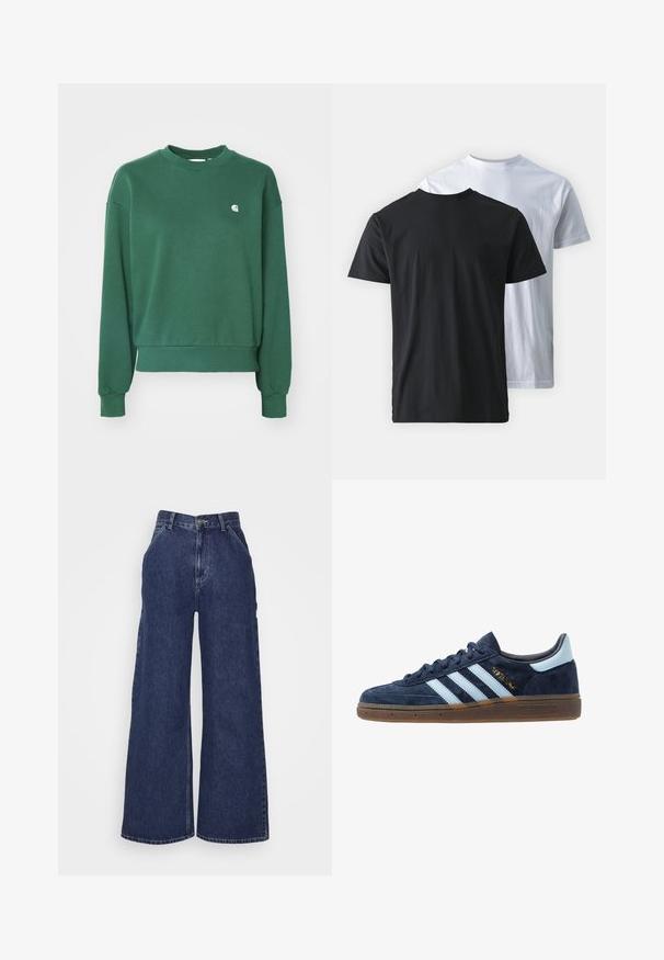 Carhartt WIP CASEY - Ikdienas džemperis - sycamore tree/silver; Divas divas kokvilnas T-krekli, kas parādīti viens pret otru: viens melns un viens balts. Abiem ir īsas piedurknes un apaļas kakla izgriezumi, ar gludu tekstūru.; Tumši zili, brīvi pieguļoši džinsi ar augstu jostu, priekšējiem kabatām un rāvējslēdzēju ar metāla pogu. Gluda tekstūra un klasika dizains.; Jūras zilas zamša Adidas sporta apavi ar gaiši zilām strēmēm, gumijas zole, gaiši zila papēža cilpa un zelta "Spezial" emblēma sānos.