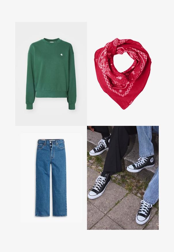 Carhartt WIP CASEY zielony; Niebieskie dżinsy o prostym kroju i wysokim stanie, z pięcioma kieszeniami i zapięciem na guziki. Widoczne szwy i miedziowane nity.; Czarne wysokie trampki z kanwy z białymi gumowymi podeszwami i sznurówkami, z okrągłym logo z boku, w zestawie z dżinsami i czarnymi spodniami.; Czerwona chustka z bawełny, ozdobiona białymi wzorami paisley i kropkami, o trójkątnym kształcie oraz metką w dolnym rogu.