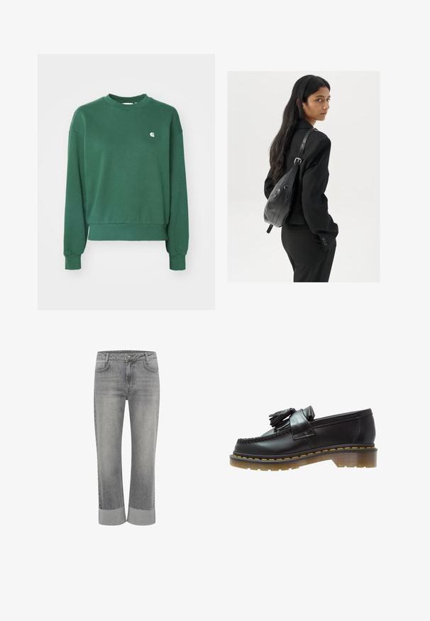 Carhartt WIP CASEY - Sweatshirt - sycamore tree/silver; Grey denim jeans with a straight-leg design, featuring a folded hem. Classic five-pocket styling and a front button closure.; Black leather loafers with a textured finish, featuring a decorative tassel and contrasting yellow stitching, on a chunky, transparent sole.; Woman with long dark hair wearing a black suit, carrying a black leather shoulder bag, looking over her shoulder against a white background.