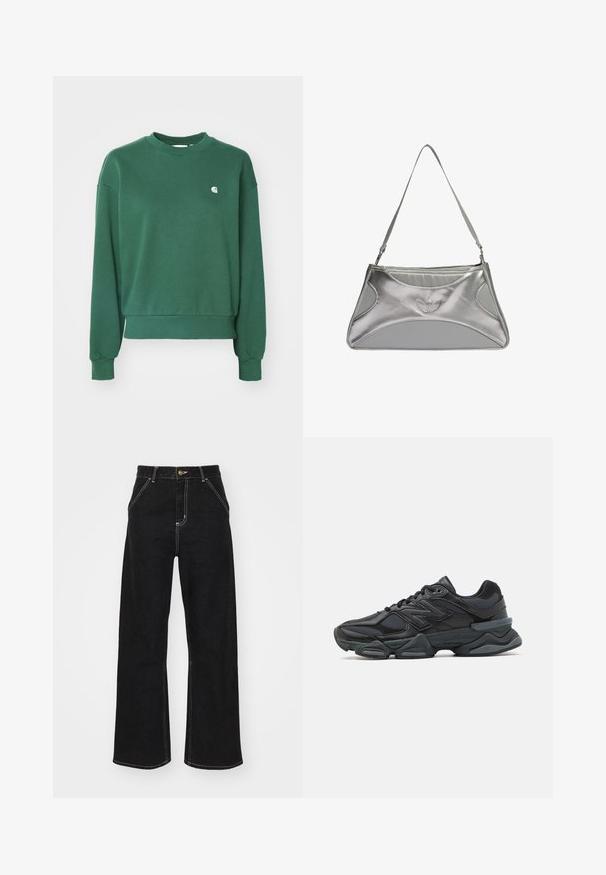 Carhartt WIP CASEY - Camisola - sycamore tree/silver; Calças de ganga largas pretas, com costuras brancas em contraste e fecho frontal com botão, apresentando dois bolsos frontais inclinados.; Sapato de corrida preto com uma combinação de malha e materiais sintéticos, sola robusta, design curvado e uma marca de destaque na lateral.; Bolsa metálica prateada com um design elegante e estruturado, apresentando um corpo texturizado, uma alça de ombro e um detalhe em logotipo em relevo.