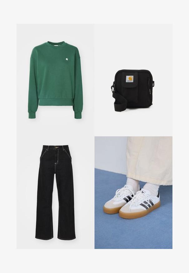 Carhartt WIP CASEY - Sweatshirt - sycamore tree/silver; Schwarze weit geschnittene Jeans aus Denim, mit kontrastierenden weißen Nähten und einem vorderen Knopfverschluss, ausgestattet mit zwei schrägen Fronttaschen.; Weiße Sneaker mit schwarzen Streifen und beigen Wildlederakzenten. Besitzen eine strukturierte Gummisohle und flache weiße Schnürsenkel, getragen mit hellen Socken.; Schwarze Umhängetasche mit einem Reißverschluss-Hauptfach, einer Fronttasche, einem verstellbaren Tragegurt und einem sichtbaren Logo-Patch auf dem Deckel.