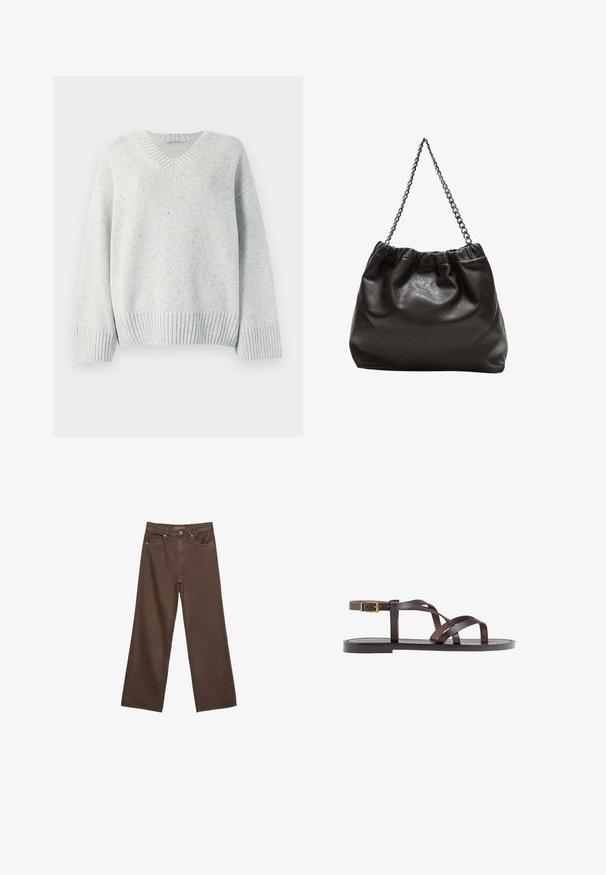 Ljusgrå stickad tröja med V-ringning, ribbad nederkant och ärmar. Har ett strukturerat tyg med subtila fläckar genom hela.; Breda bruna jeans i denim med hög midja, framfickor och klassisk knäppning. Slät textur med subtil sömnad.; Bruna lädersandaler med korsade remmar, spänne runt vristen och en platt sula med minimala sömnadsdetaljer.; Brun läderväska med rynkad topp och kedjesnodd. Slät textur med en blankslipad yta och subtila sömdetaljer på sidorna.
